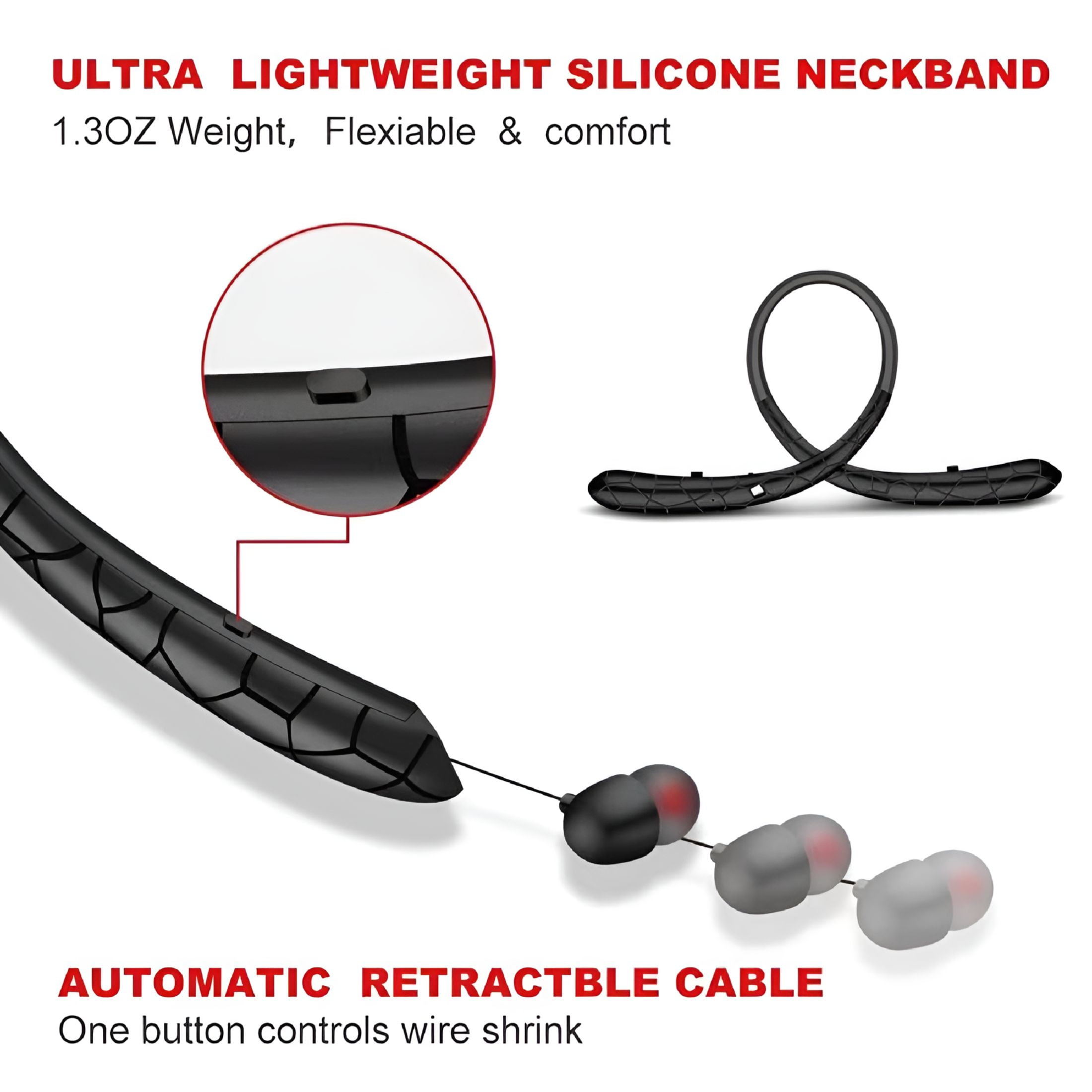 GJX Bluetooth Headphones Retractable, Neckband Earbuds Wireless Headset Sports Noise Cancelling Stereo Earphones with Microphone Compatible with iPhone, Android, , PC, Sweatproof (Black)