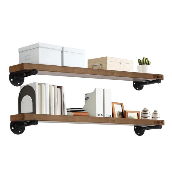 TEN49 Industrial Pipe Wood Wall Shelf - 36" Espresso Real Wooden Shelving - Modern Interior Decor Floating Shelves w/ Iron Pipe Brackets - Rustic Farmhouse Style Bookshelf - Set of 2