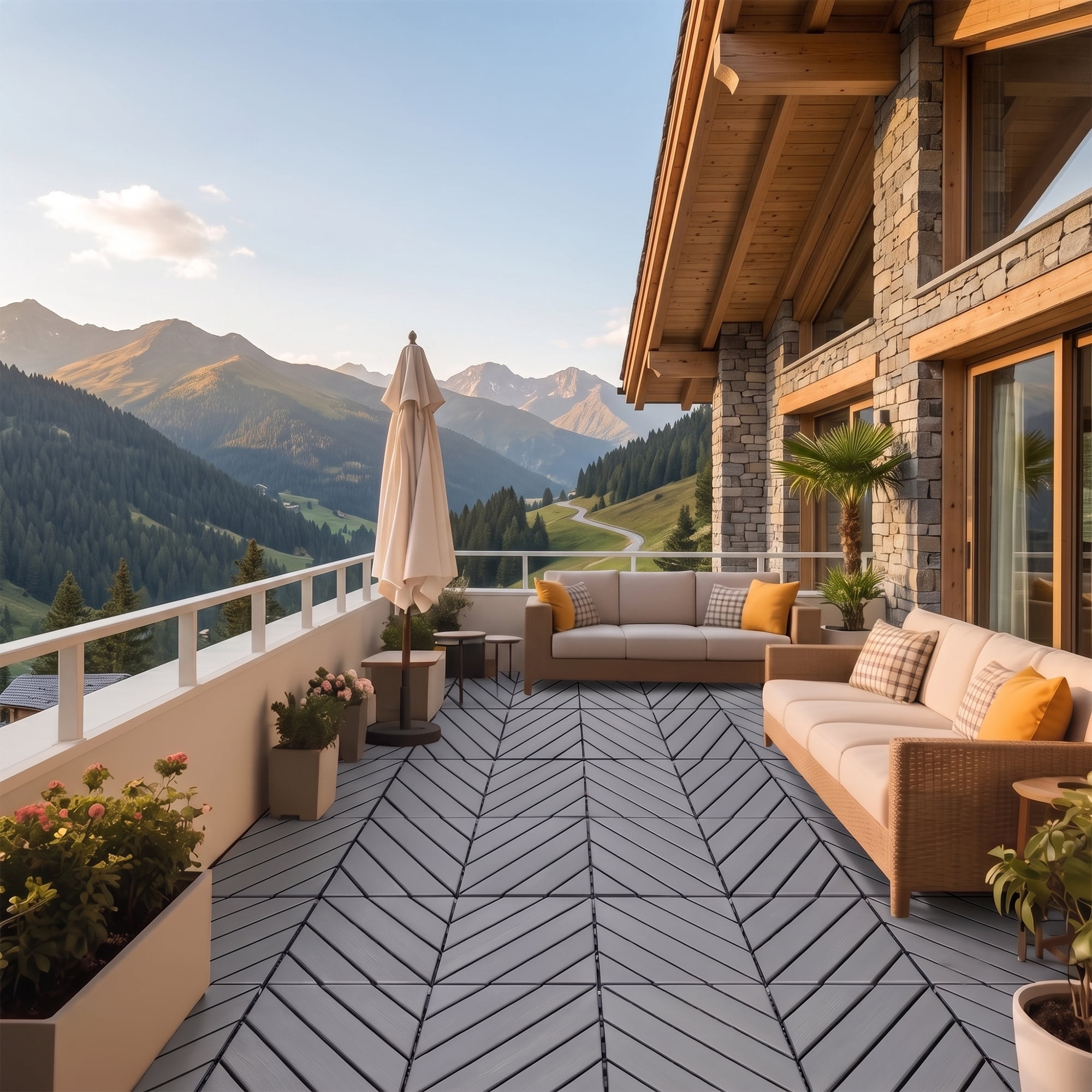 Interlocking Deck Tiles 12x12 in, Waterproof Non-Slip Outdoor Patio Flooring with Drainage Design, Snap Together Tiles for Poolside Porch Garden Backyard, Gray, 44pcs
