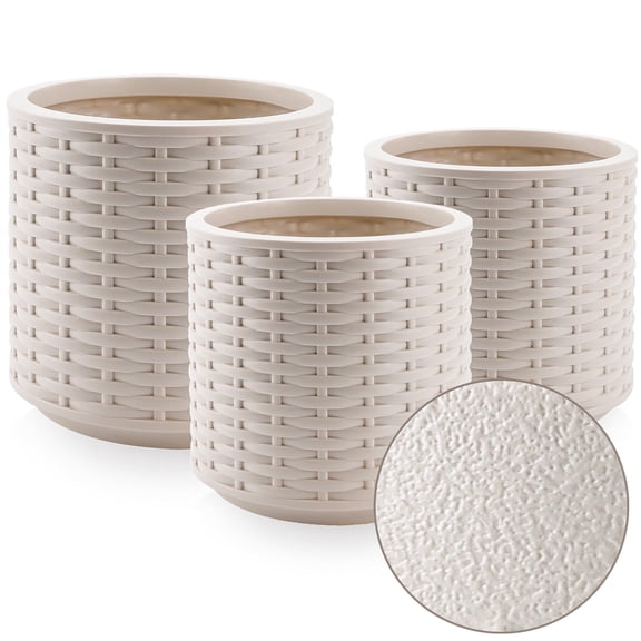 FOUKUS Large Concrete-Like Planter Set: 3-Piece Woven Texture Round Lightweight Planters for Indoor & Outdoor Use, Modern Decorative Pots with Drainage for Home, Patio, Porch & Garden