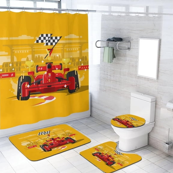 Racing Sports Cars Shower Curtain Sets Racing Sports Art Speed Racing Car Shower Curtain Sets with Rugs(Bath Mat,U Shape and Toilet Lid Cover Mat) and 12 Hooks