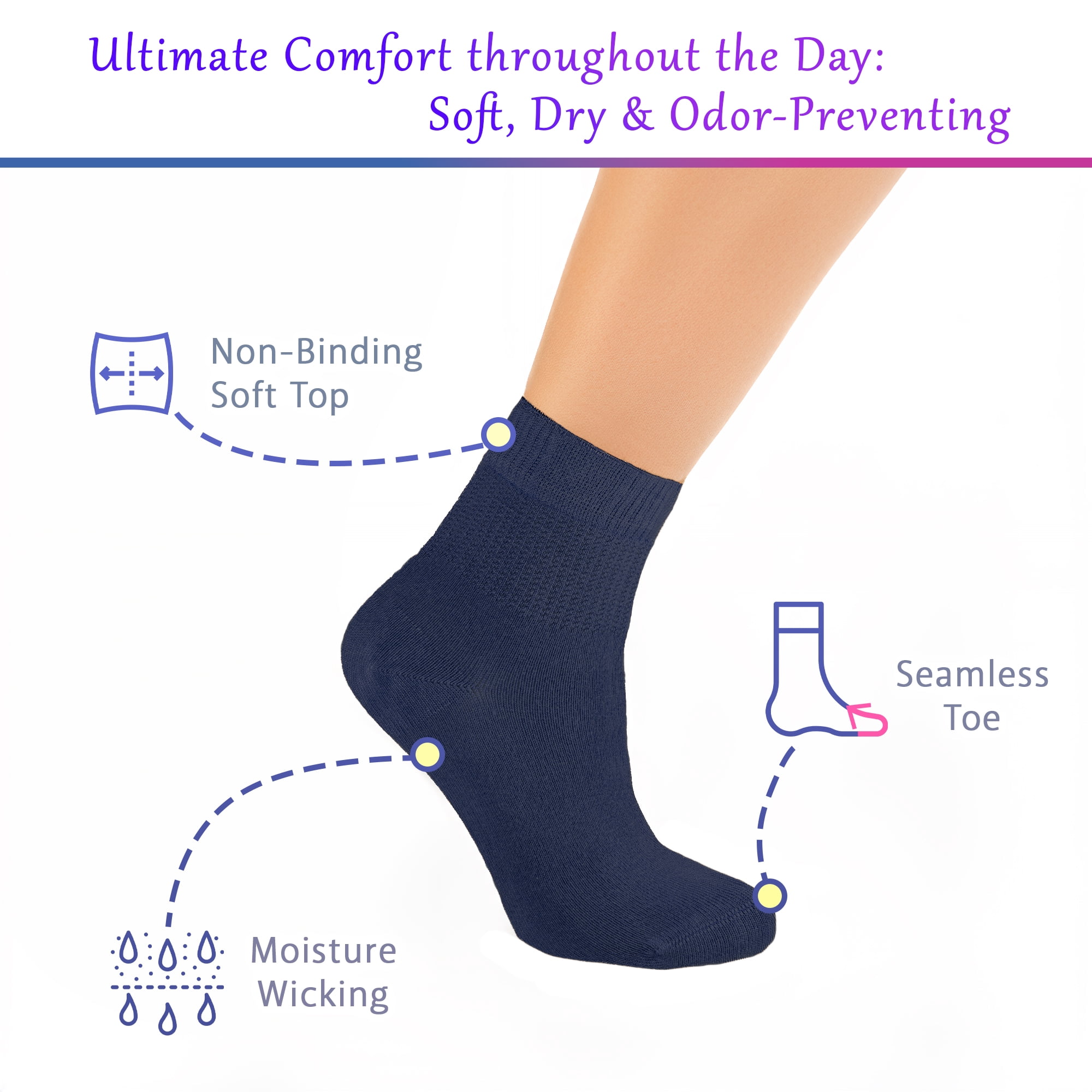 PureTwine Diabetic Socks for Women 4-6-8 Pair Neuropathy Ankle Socks for Ladies Super Soft Thin Bamboo Viscose Material Durable with Seamless Toe and Non-Binding Loose&nbsp;Top&nbsp;4&nbsp;Seasons