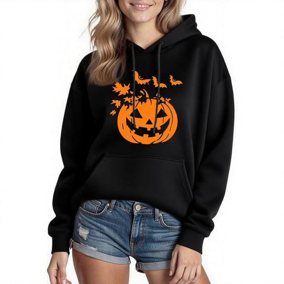 Halloween Graphic Hoodies for Women Pumpkin Trendy Black Sweatshirt Cotton Hoodie Pocket Graphic Casual Pullover Tops XL
