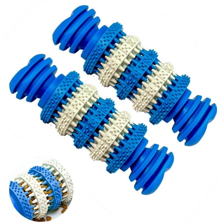 Dog Chew Toy Brushing Bone & Food Treat Dispenser - 2pc Interactive Toy for Aggressive Teething & Chewers - Indestructible Teeth Dental Cleaning Bone - Large Blue
