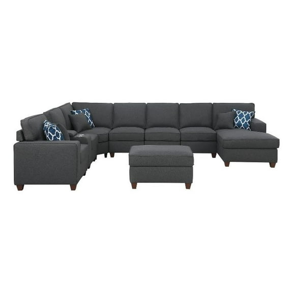 Pemberly Row 9-Piece Fabric Upholstered Sectional w/ Chaise & Console-Dark Gray