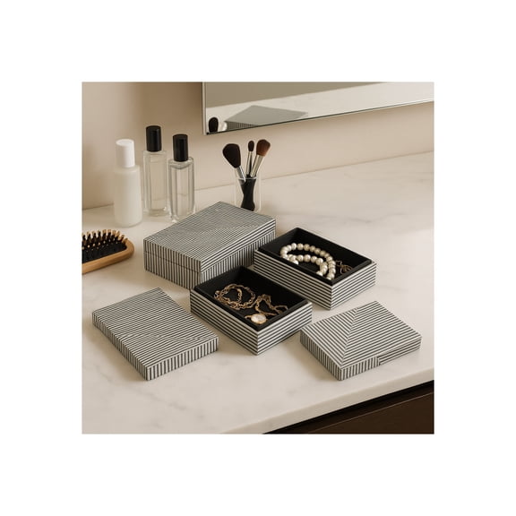 Decorative Striped Boxes with Lid for Home Decor - Stylish Decor Box for Console Table, Jewelry Storage, or Bedroom - Minimalist Home Organizer for Office Decor - Set of 3, 4", 3", 3", Black & White