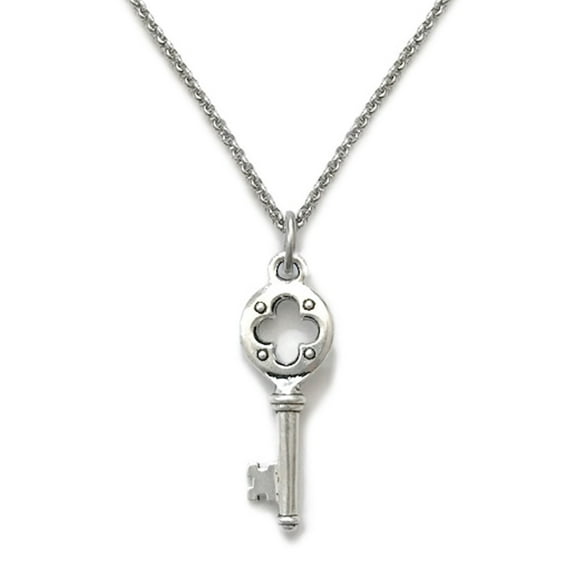 Small Romantic Silver Quatrefoil Charm Key to my Heart Pendant Necklace - 18 Inch