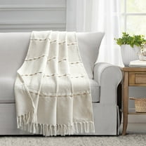 Lush Decor Herringbone Stripe Yarn Dyed Cotton Woven Tassel Throw, 60" x 50"  3.5" Tassel Fringe, Neutral/White, Single
