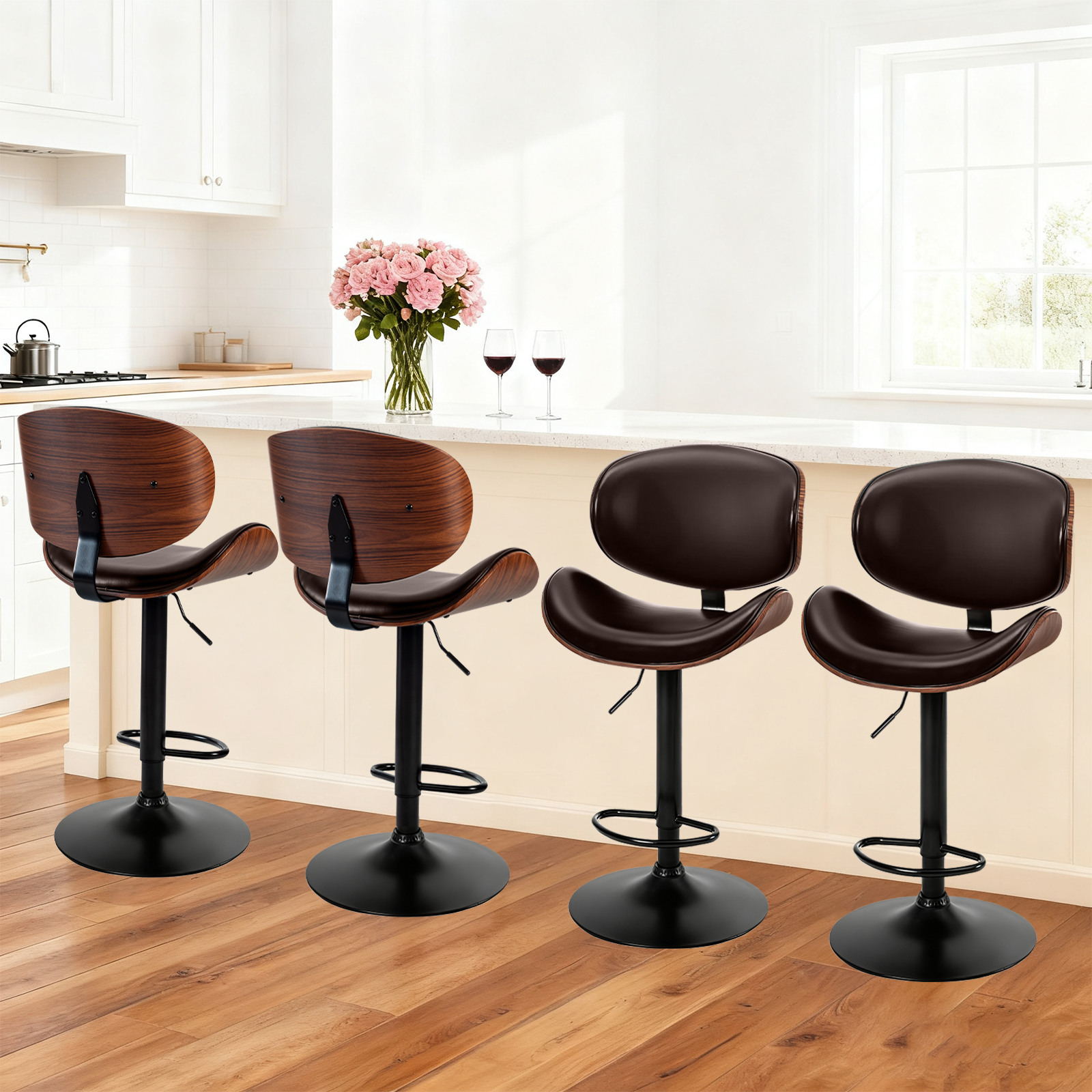 CONCETTA Swivel Bar Stool Set of 2 Pack, Adjustable Height, PU Leather Seat with Anti-slip Rubber Base, Brown