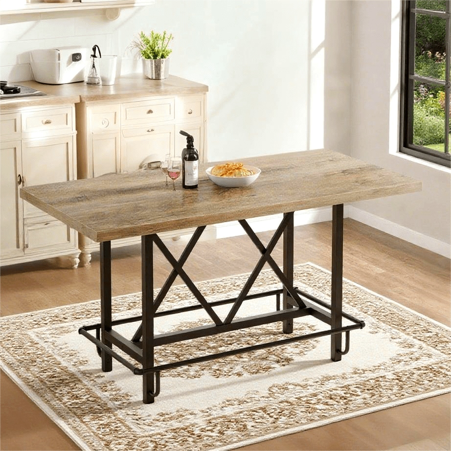 Fnova 35.4" Tall Dining Table, Rectangular Counter Height Kitchen Table with Metal Footrest for 6 People