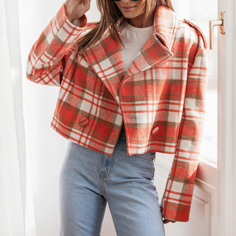 JGGSPWM Women's Winter Plaid Wool Blazer Jacket Cropped Double