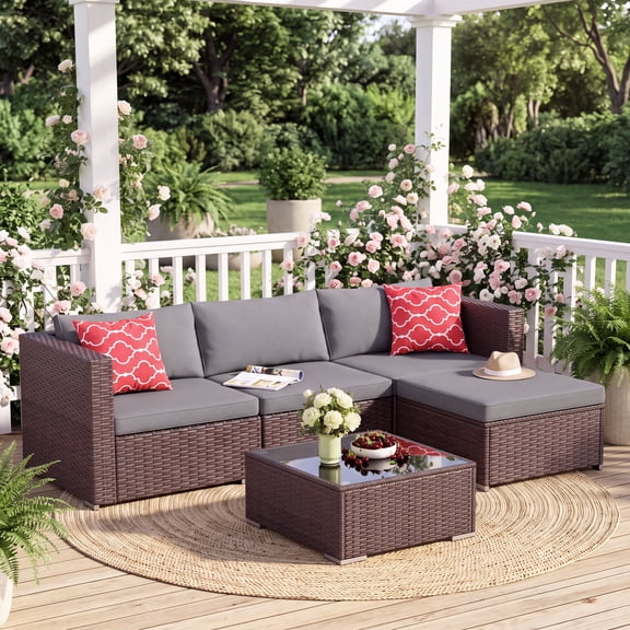 Patio Furniture Sets on Sale, Asofer 5 PCS Outdoor Rattan Conversation Sofa with Soft Cushion & Coffee Tea, Gray
