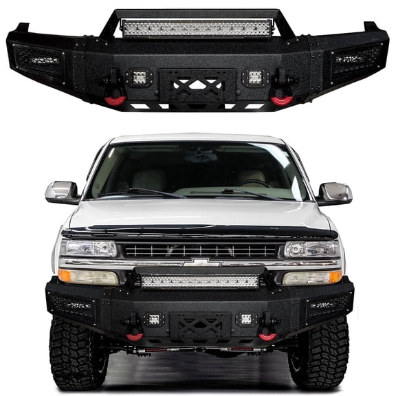 Vijay Compatible with 2000-2001-2002-2003-2004-2005-2006 Chevrolet Tahoe/Suburban Front Bumper Textured Black Steel with Lights and D-rings