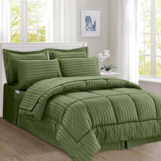 Mocassi Comforter Set, 8-Piece Striped Down Alternative, Soft & Plush Bedding Set Perfect for Any Bed Room, Full/Queen Size, Sage