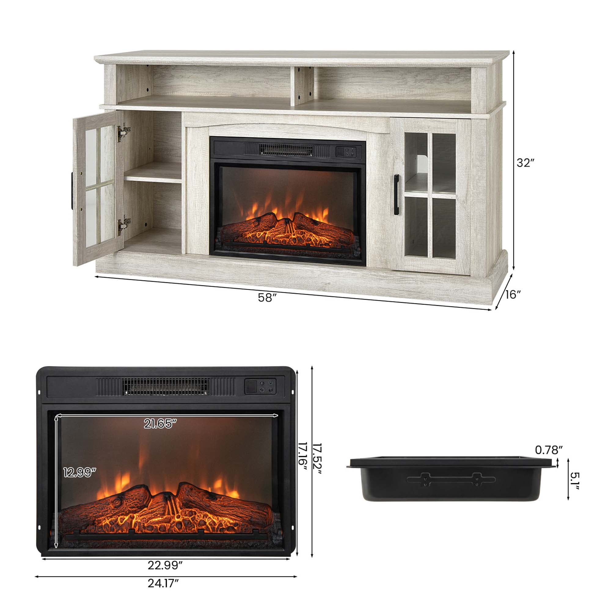 Costway 58" Fireplace TV Stand W/ 1400W Electric Fireplace for TVs up to 65 Inches Grey