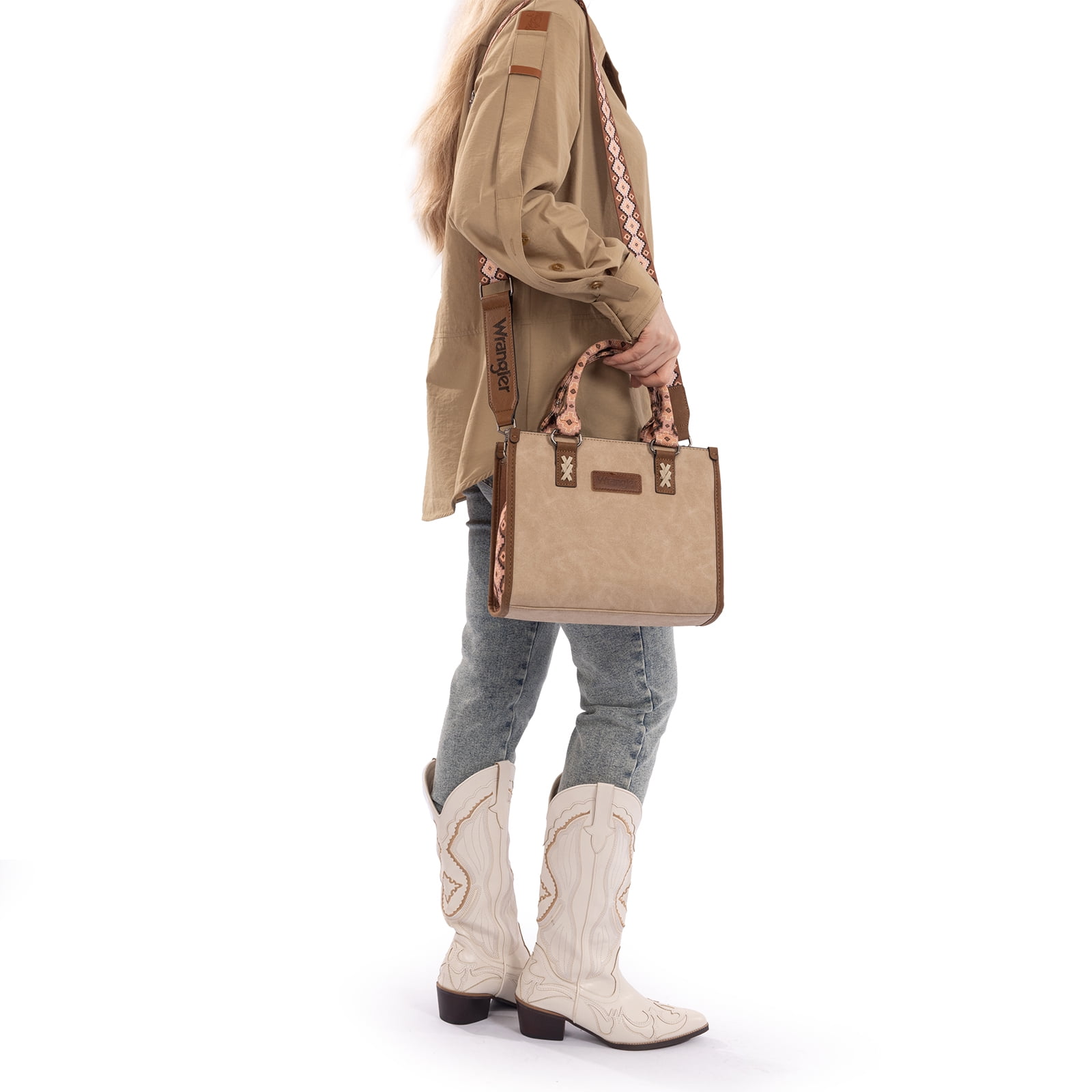 Wrangler Tote Bag for Women Western Retro Purse Top Handle Handbags with Aztec Strap, khaki