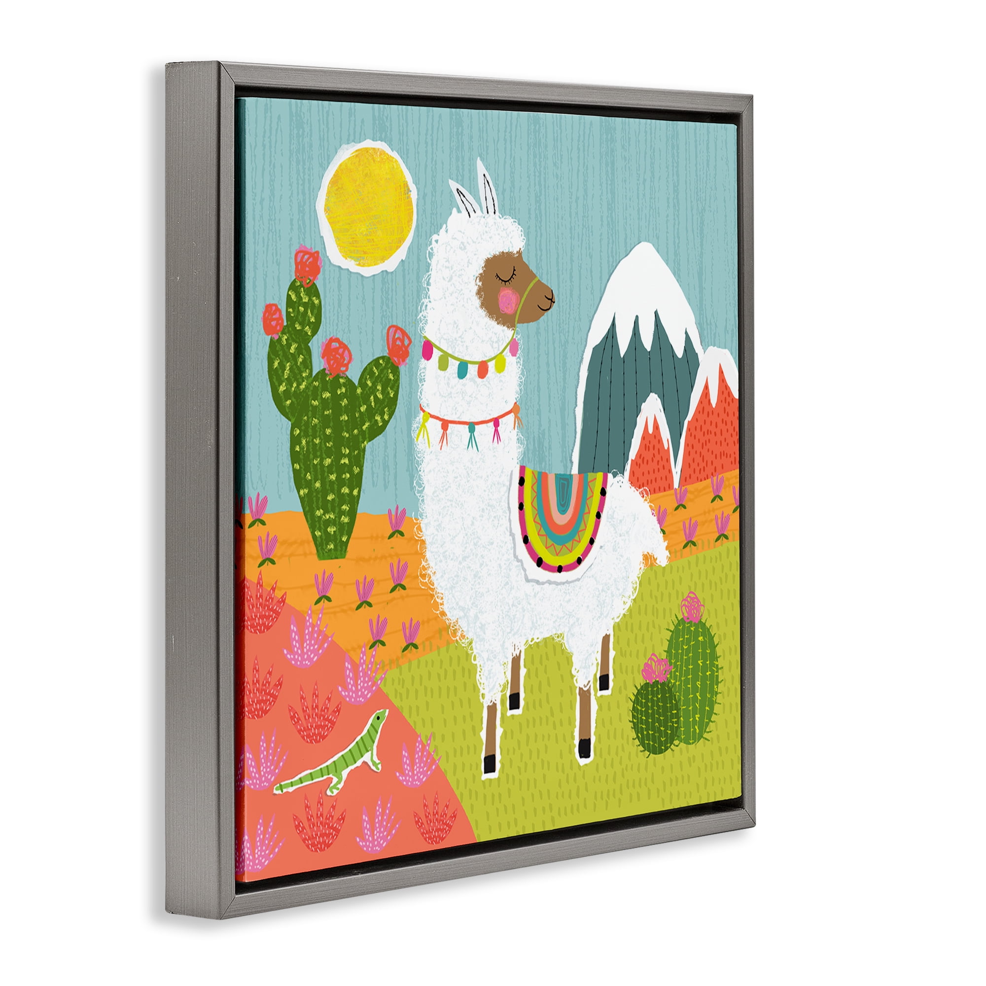 Stupell Industries Whimsical Llama Scene Animals Painting Gray Floater Framed Canvas Art Print Wall Art, 18 x 18