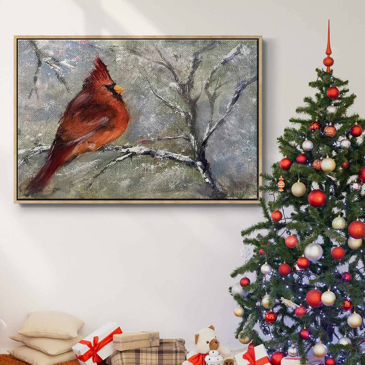 Cardinal in Snow II - Framed Gallery Wrapped Holiday Canvas - 25 x 37 - Natural Wood Frame