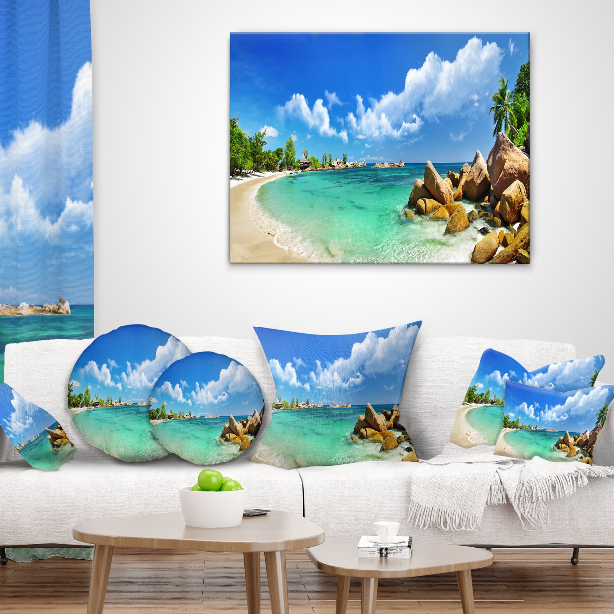 Designart Seychelles Islands Panorama - Landscape Photography Throw Pillow - 18x18