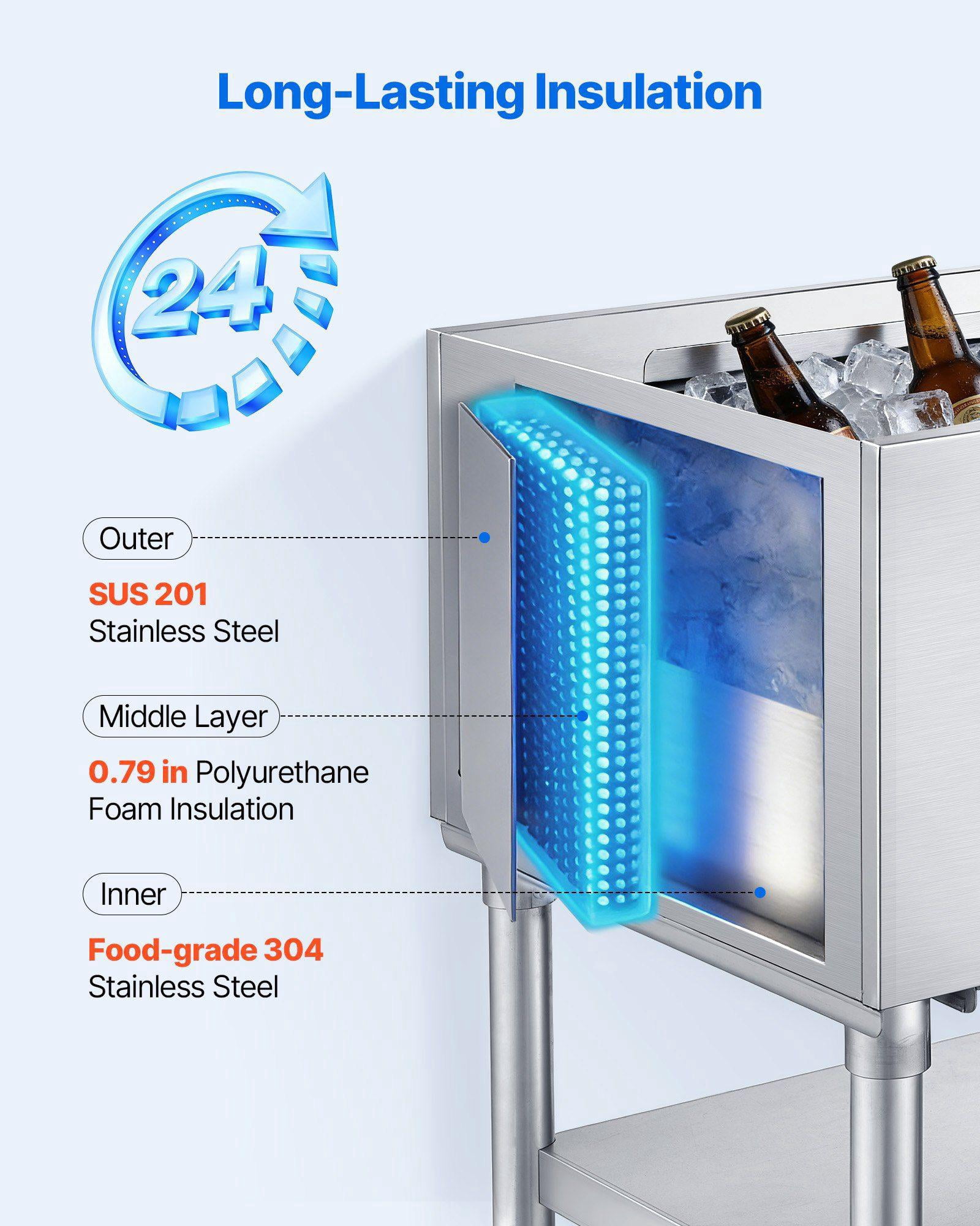 65.1 Qt Stainless Steel Ice Chest with Sliding Lid Bottle Holders NSF Certified Commercial Cooler Cart for Bar Restaurant Pub