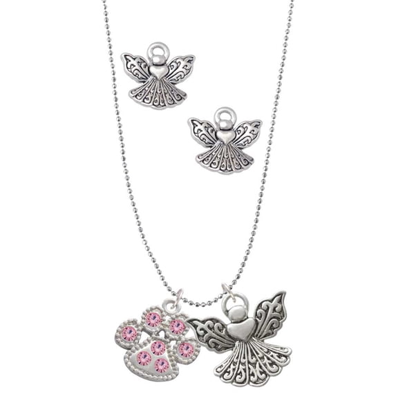 Delight Jewelry Silvertone Large Paw with Light Pink Crystals Silver tone Guardian Angel Charm Necklace and Stud Earrings