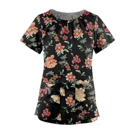 

Yubatuo Women Plus Size Scrubs Top with Pockets V-Neck Short Sleeve Dandelion Print Work Blouse for Women Pink 2XL