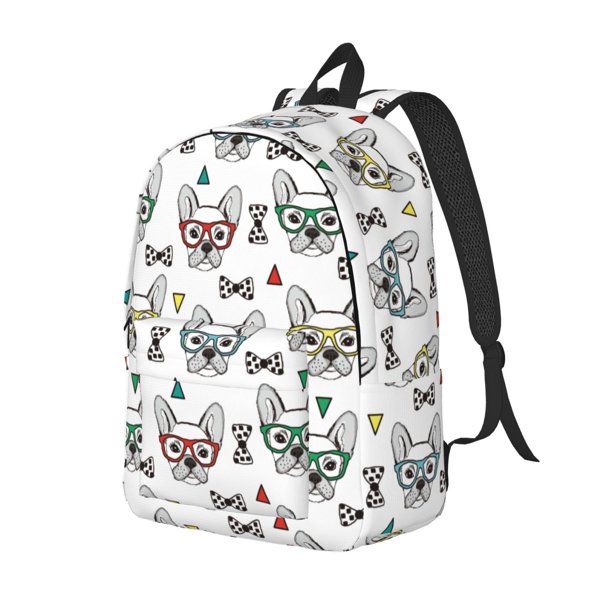 Disketp Cute French Bulldog print Canvas Backpack Lightweight Travel Daypack Student Rucksack Laptop Backpack-Medium