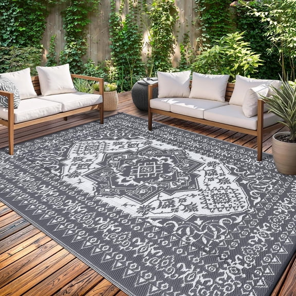 Vintage Medallion Outdoor Rug 9x12 Patio Waterproof, Oriental Boho Outdoor Plastic Straw Rug with Portable Bag, Camping Rugs for Outside Your RV, Reversible Mats for Backyard, Camper, Grey