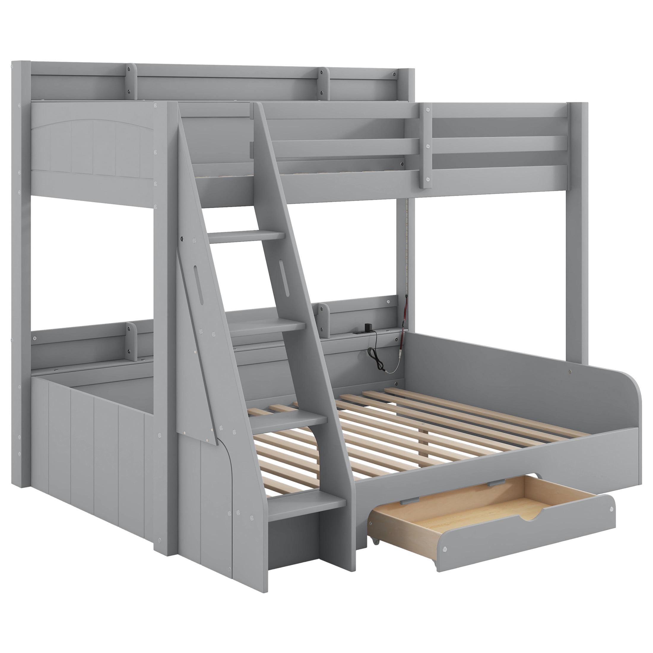 Noble House Alver Twin over Full Bunk Bed with Charging Station, LED Lighting, and Storage Shelves, Space Saving, Gray