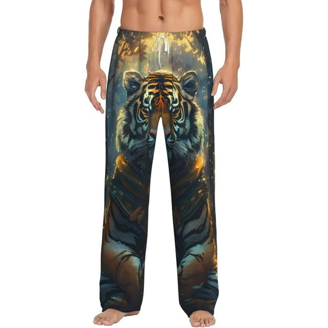 Kdxio Forest Meditating Tiger Pattern Men's Pajama Pants, Elastic Waist with Drawstring and Pockets, Comfortable Loungewear-Medium