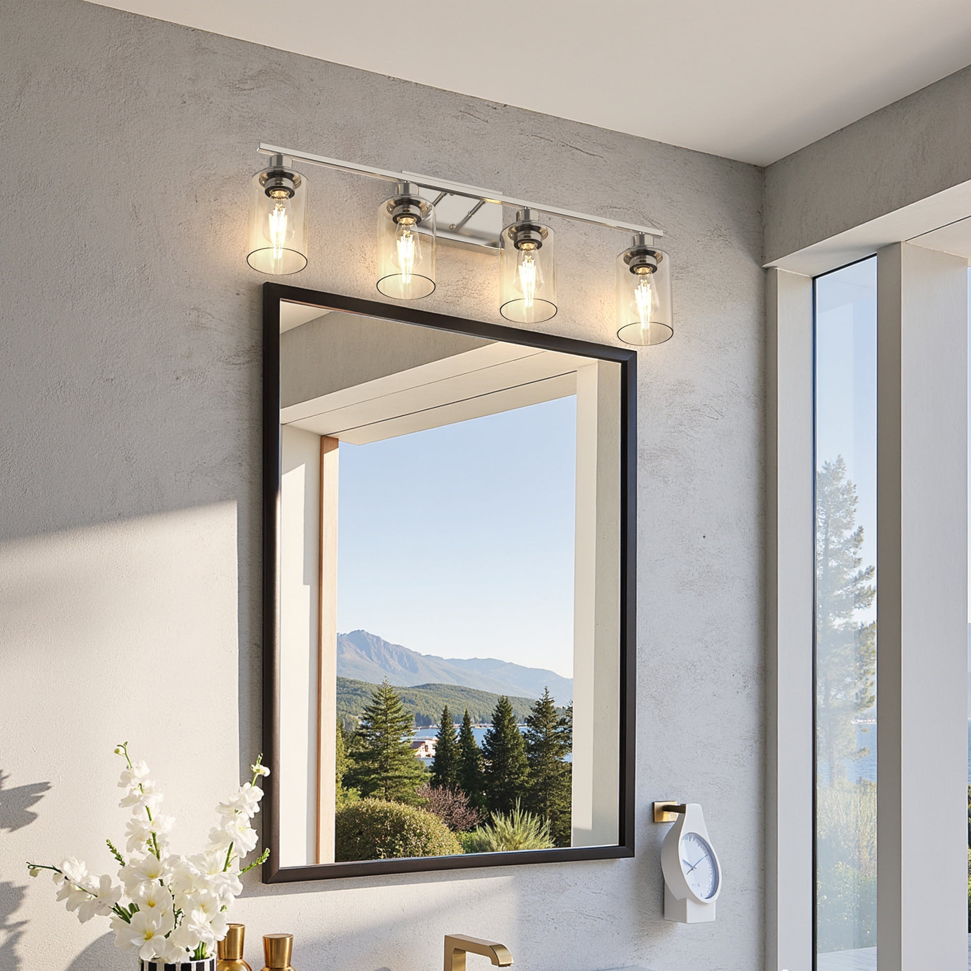 YANSUN 31.5 in 4-Light Brushed Nickel Industrial Bathroom Vanity Light with Clear Glass Shades, for Bedroom, Bathroom, Powder Room, Vanity Table
