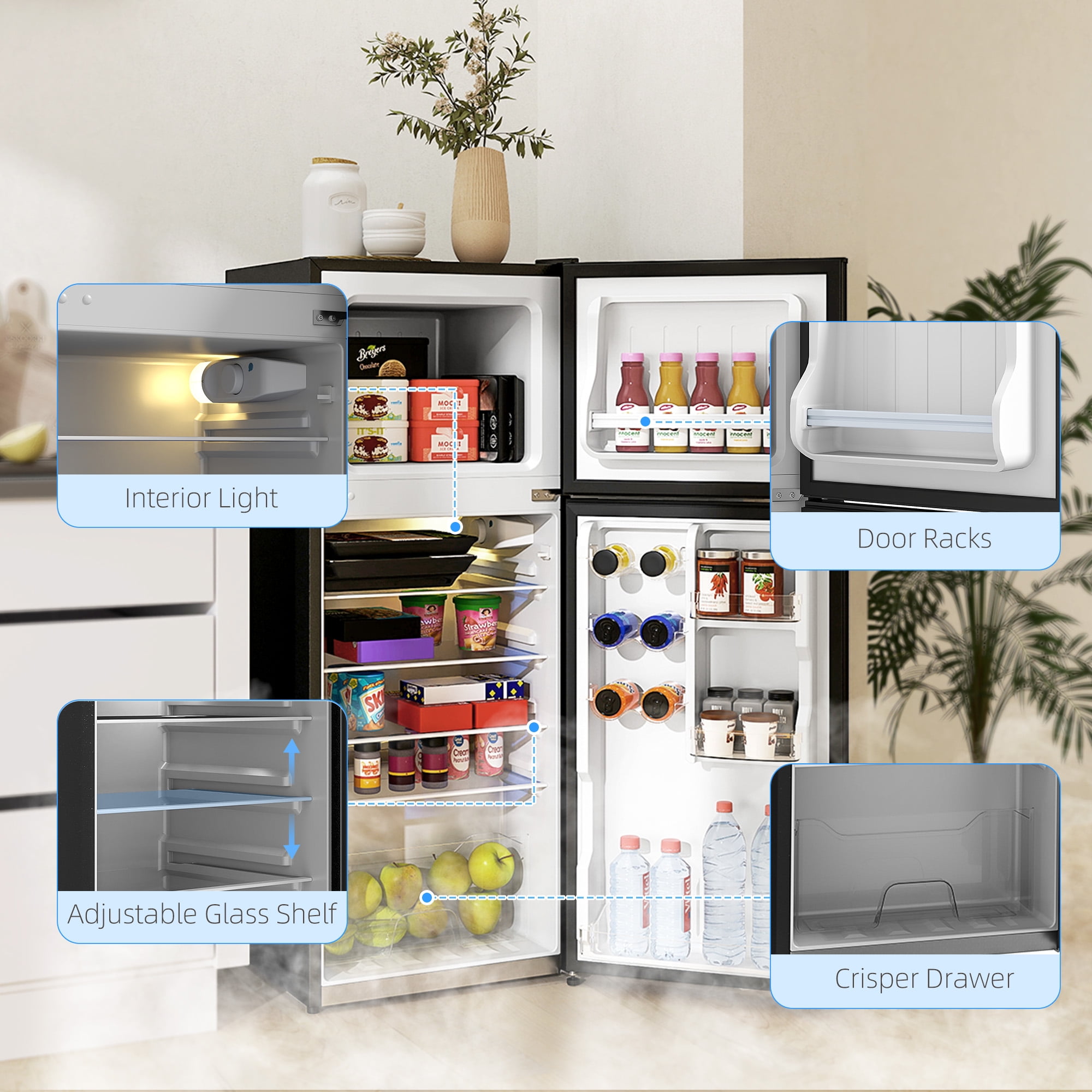 HOMCOM Small Fridge with Freezer, 4 Cu Ft Refrigerator with Shelves, Black