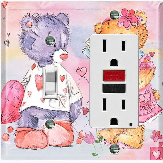 Metal Light Switch Wall Plate Outlet Cover (Sleepy Teddy Bear Lovers Colorful - Single Toggle Single Rocker)
