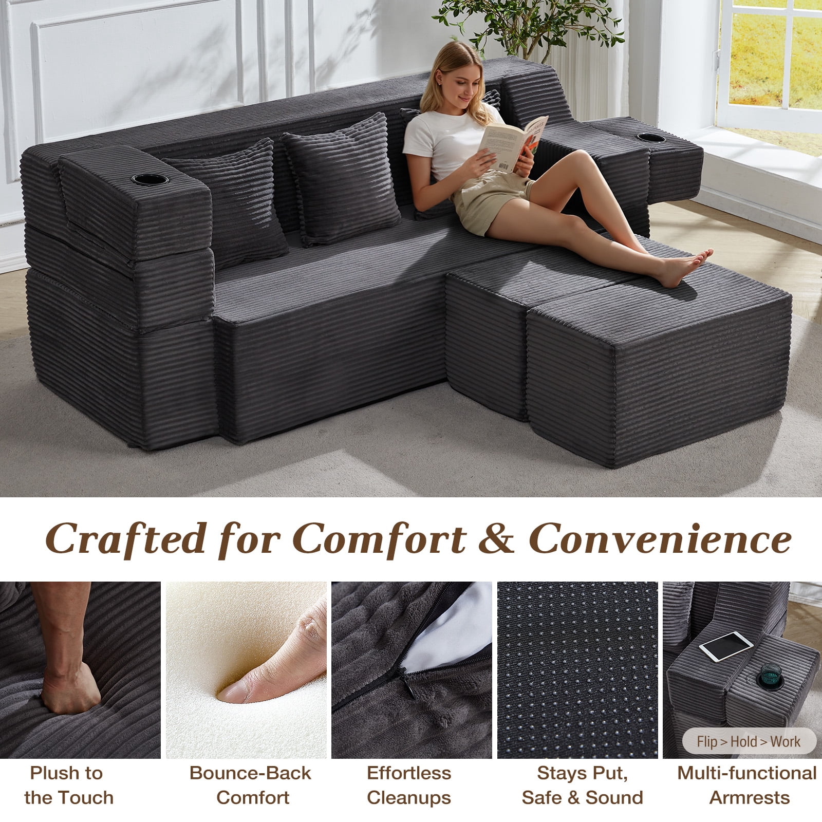 78.7'' Folding Sofa Bed with 2 Ottomans, 3-in-1 Convertible Foam Futon, Flip-Up Armrest with Cup Holder, Oeko-TEX Certified Corduroy, No Assembly Sleeper Couch for Small Space,Dark Grey
