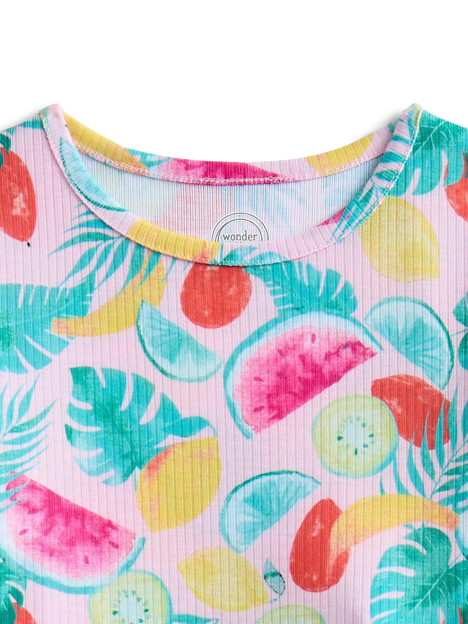 Wonder Nation Toddler Girl's Ribbed Print Tee and Shorts, 2-Piece Pajama Set, Sizes 12M-5T