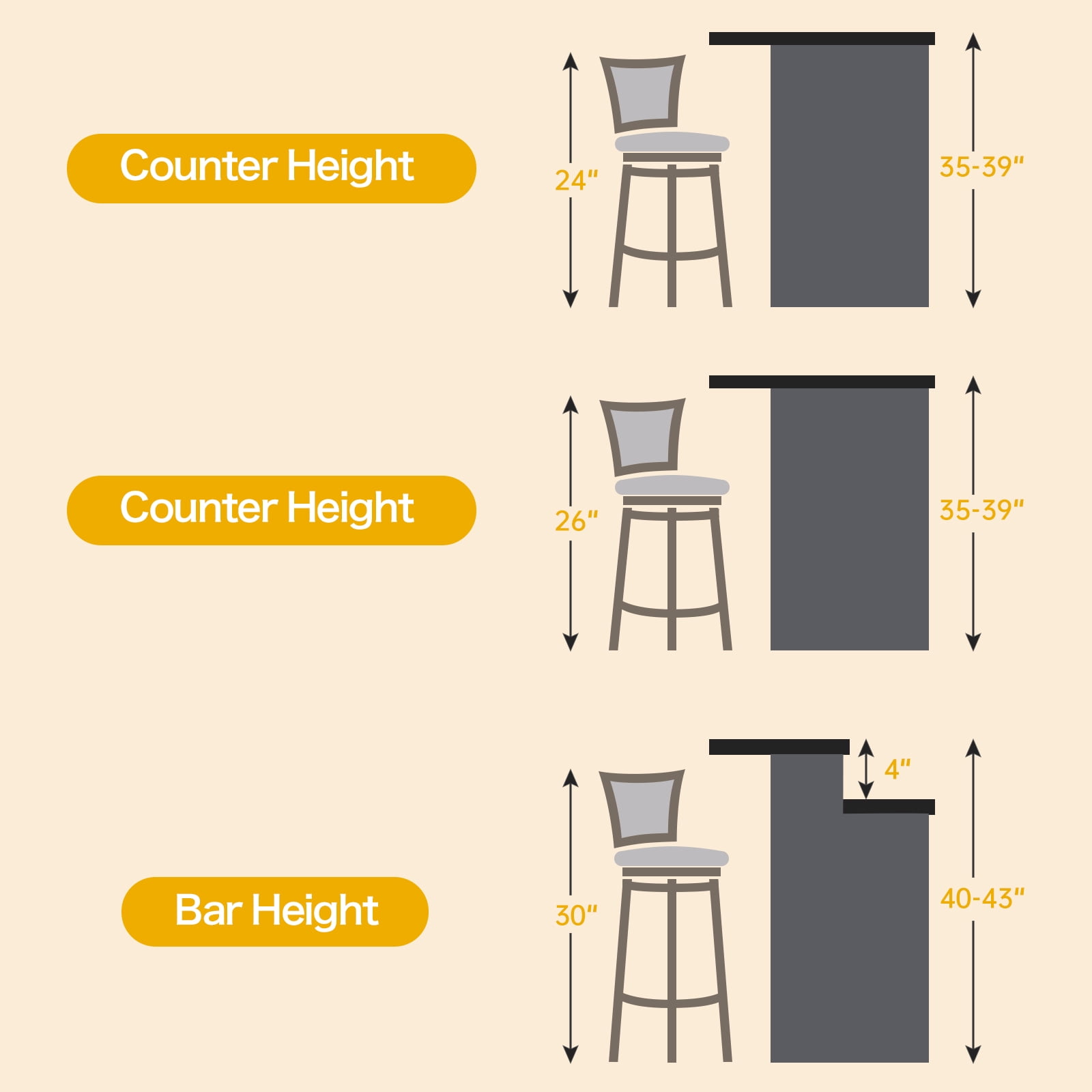 24 Inch Counter Height Swivel Bar Stools Set of 2 Barstools with High Back Pub Seat Stools Set for Kitchen Island, 4 Pack