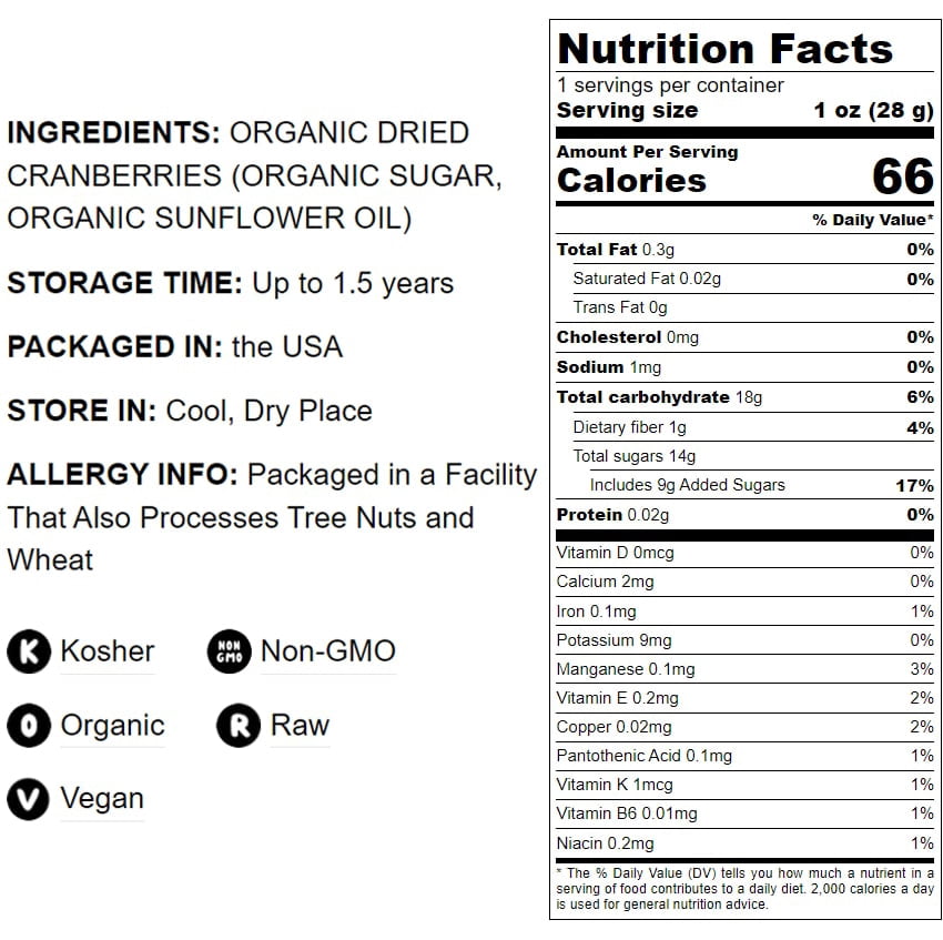 Organic Dried Cranberries, 0.5 Pounds  Non-GMO, Kosher, Raw, Vegan  by Food to Live
