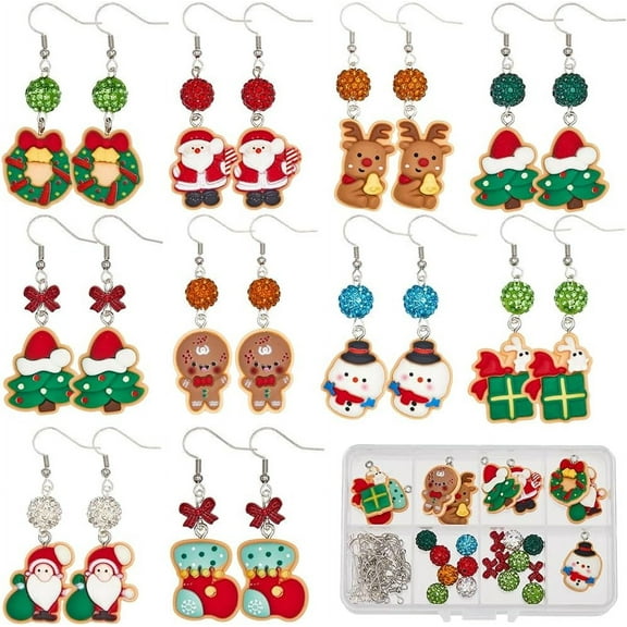 1 Box 10 Pairs Christmas Earrings Kits Resin Christmas Charms Winter Xmas Tree Santa Claus Snowman Charm Polymer Clay Rhinestone Beads Supplies Mixed Color