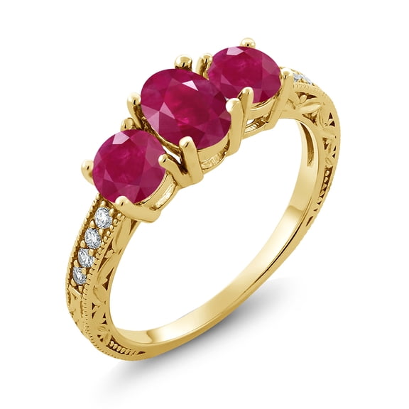 Gem Stone King 2.22 Ct Oval Red Ruby 18K Yellow Gold Plated Silver Moissanite Ring (Size 7)