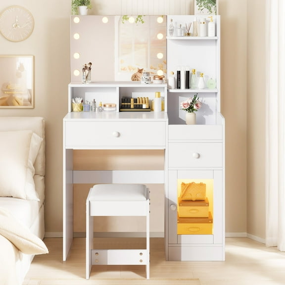 Sesslife Vanity Table Set with Lighted Mirror and Cushioned Stool, Makeup Dressing Set with 2 Drawers, LED Cabinet and Storage Shelves for Girls Women, Makeup Vanity Desk Set for Bedroom, White