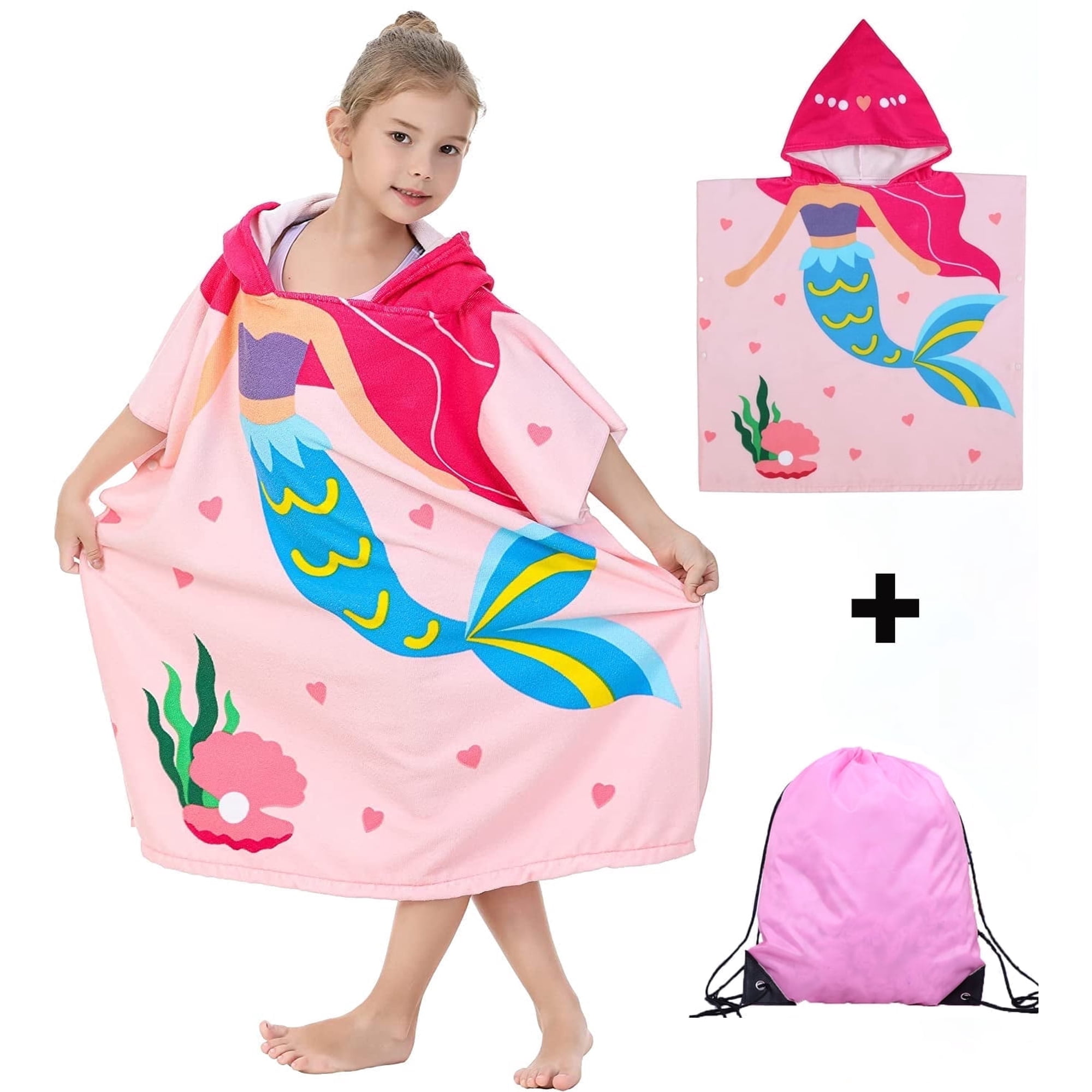 Bath Towel for Kids, Beach Towels for Kids Hooded Beach Towels Poncho for 3-6 Years Girls(Pink)