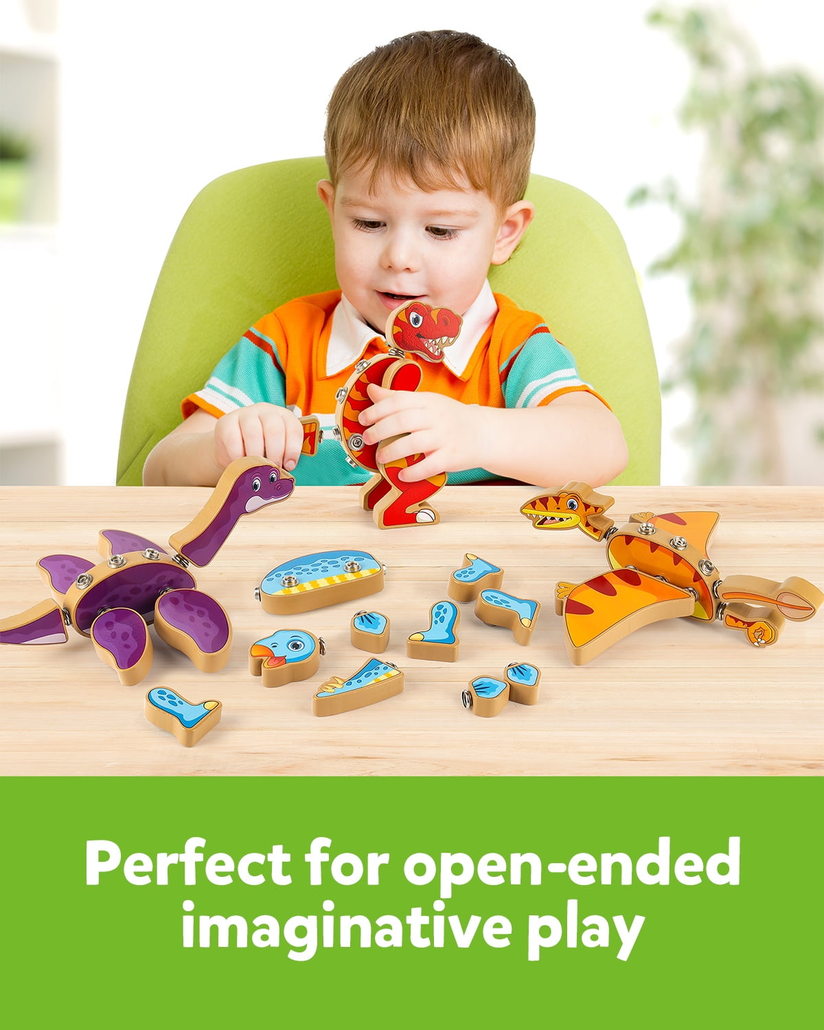 Coogam Dinosaur Building Block Set, Wooden Snap-Connection Dinosaur Builders, STEM Take Apart Dino Playset, Fine Motor Skill Educational Learning Toy for 3 4 5 Years Old