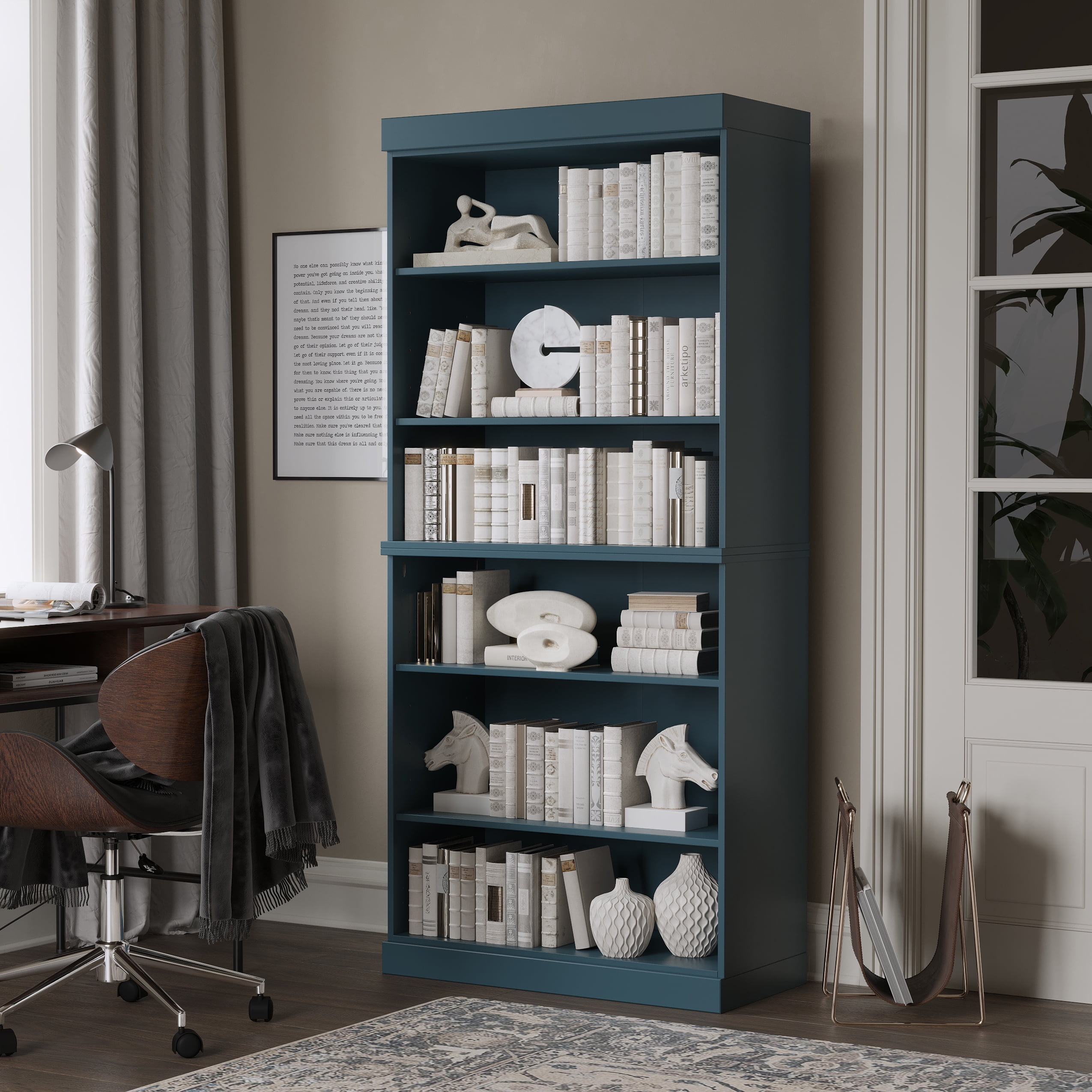 Solid Wood Bookcase - Stackable Modular 6 Tier Bookshelf - 71.5" Tall x 32" Wide - Teal Blue Book Shelf w/ Adjustable Shelves, Open Display Book Case for Living Room, Office, 100% Eco-Friendly Wood