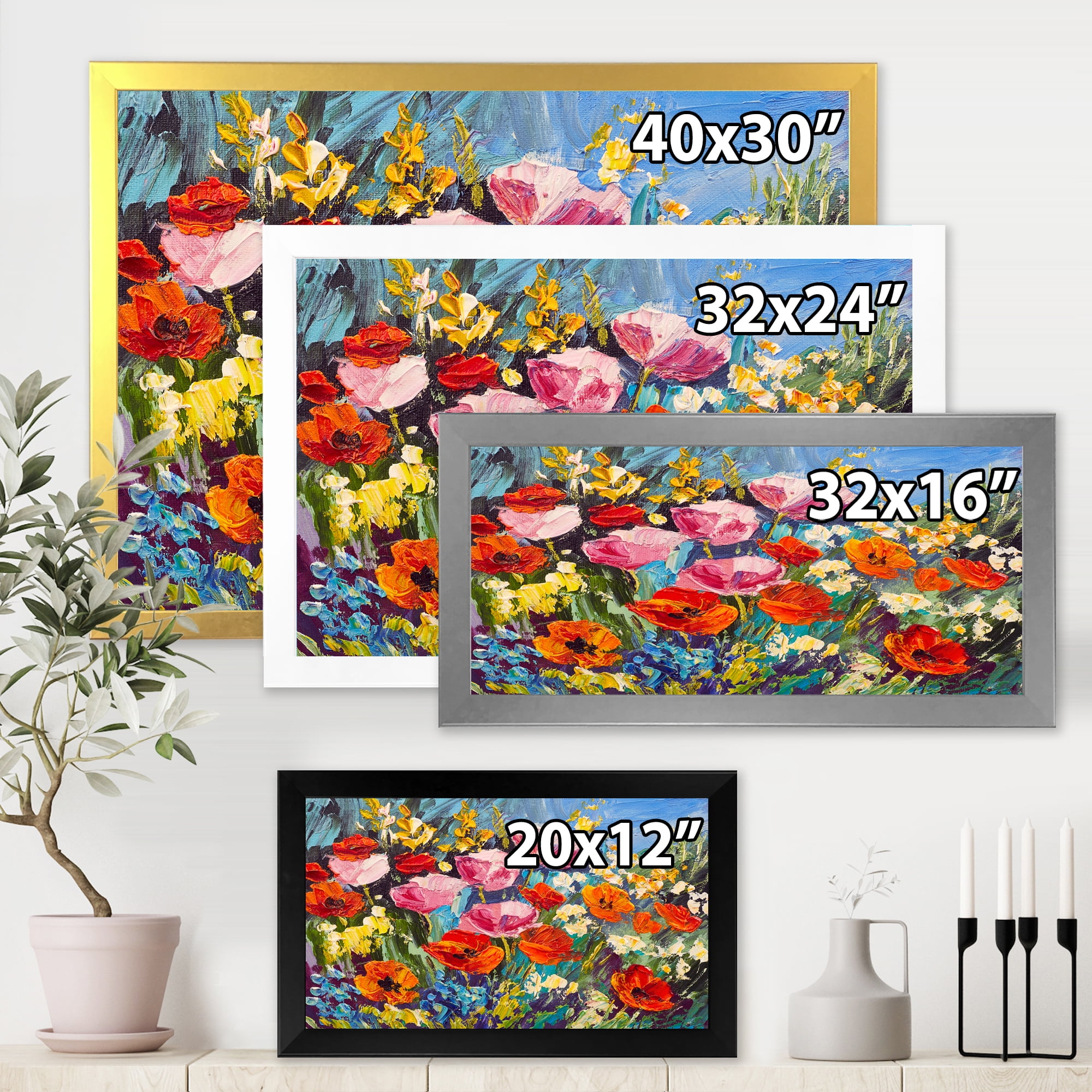 Colorful Spring Poppies In Field 32 in x 24 in Framed Painting Canvas Art Print, by Designart