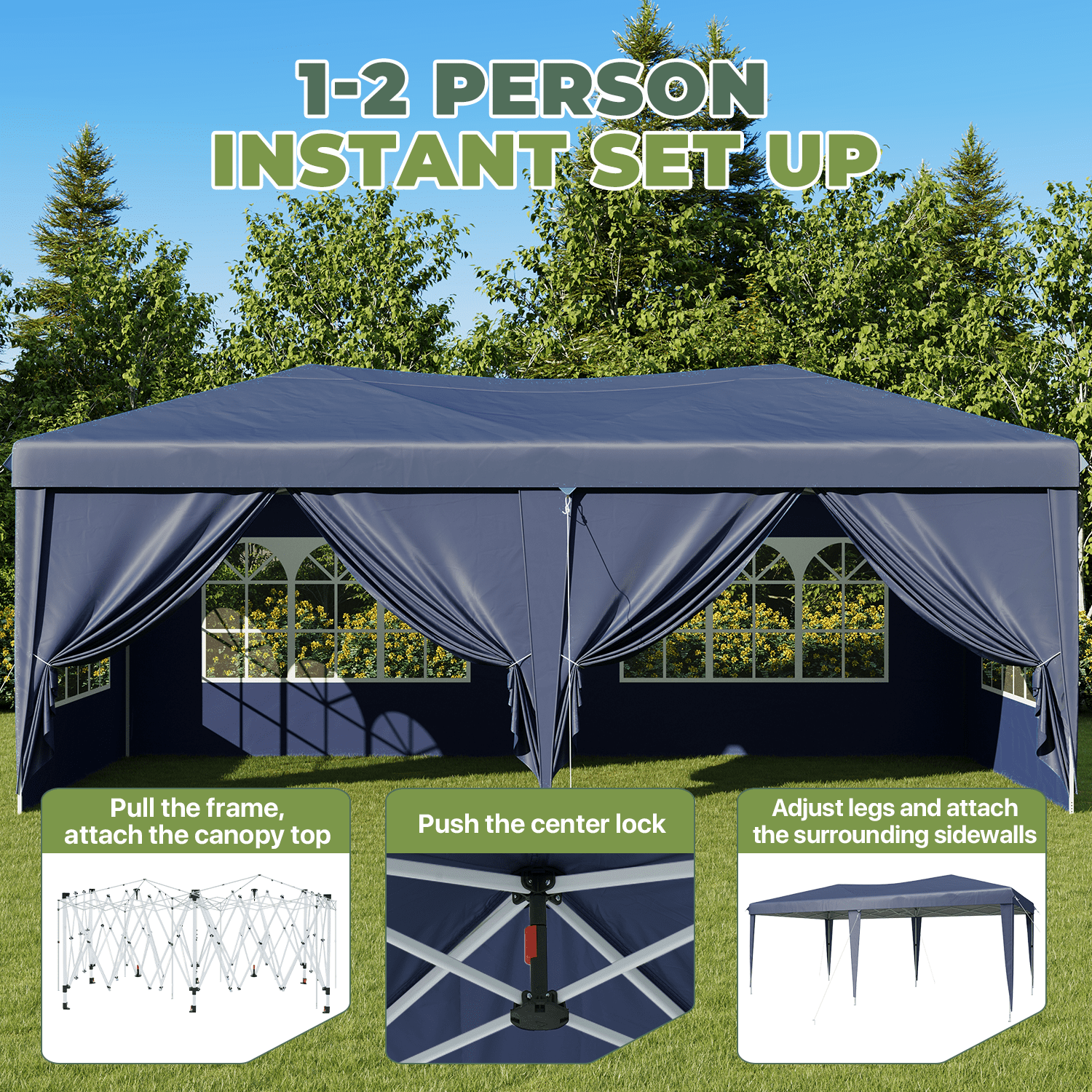 BaPiPro 10'x20' Pop up Canopy Tent, Folding Outdoor Party Wedding Event Tent with 6 Removable Sidewalls, 4 Windows, Portable Instant Shelter Canopy Gazebo, Blue