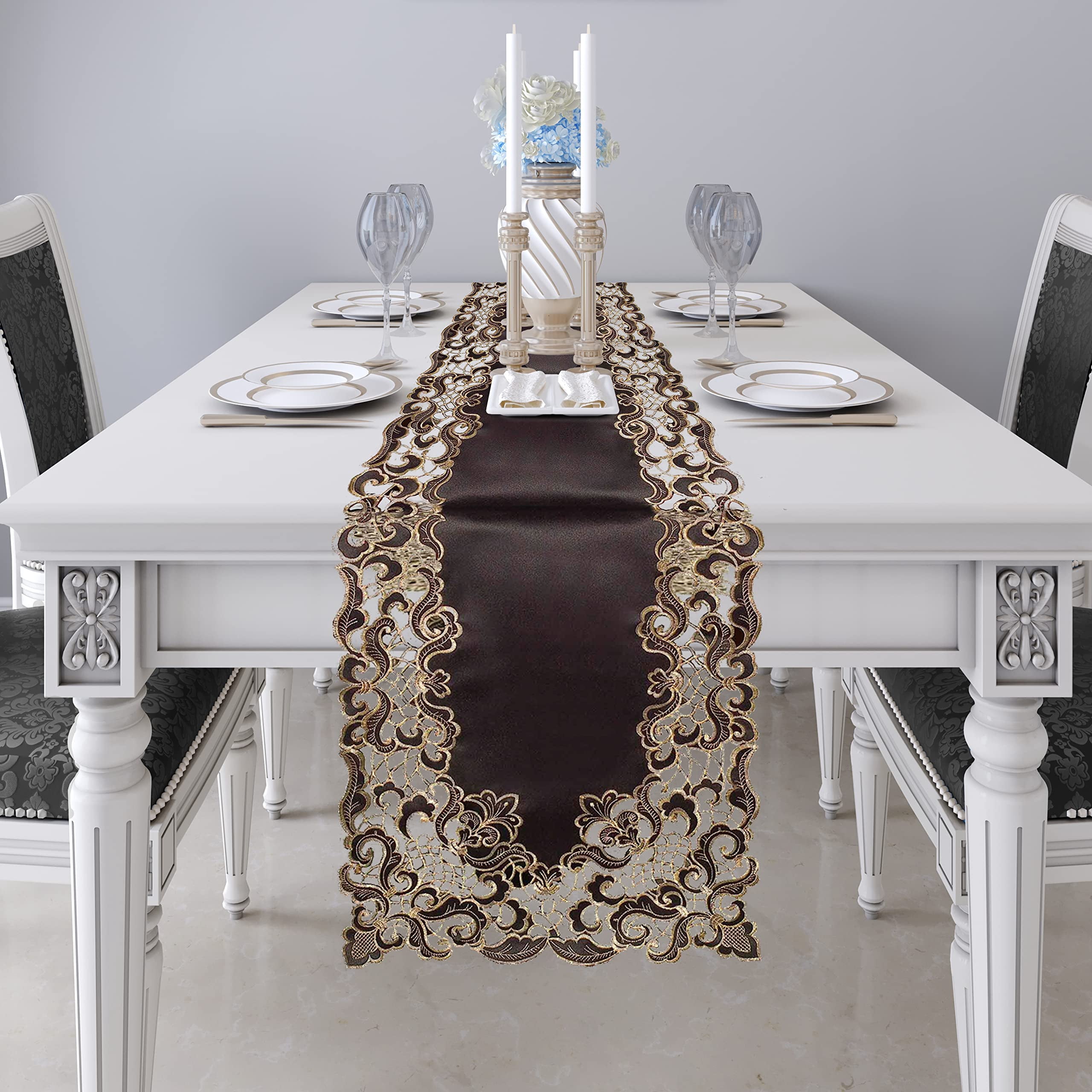 Gold Lace Black Table Runner - Dresser Scarf European Embroidery - Perfect for Kitchen Dining Room Home Decor Wedding Receptions - 14 x 108 inches - The Granada Collection
