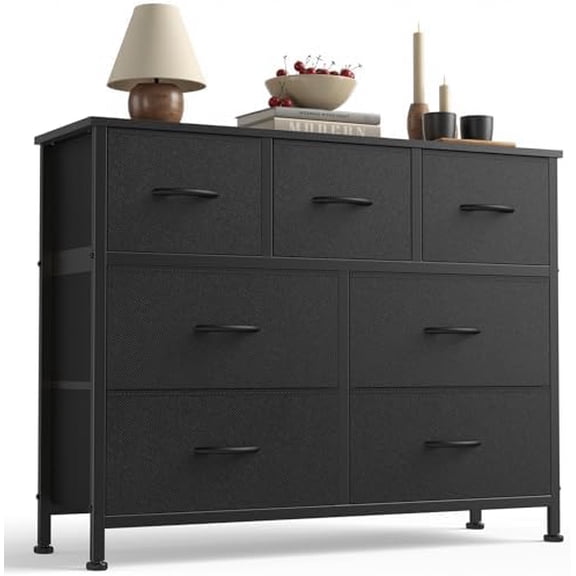 7 Drawer Dresser with Fabric Bins Fabric Storage Tower Organizer for Bedroom Closet Hallway Entryway Tall Chest of Drawers with Steel Frame Wood Top Easy Pull Handles,Black