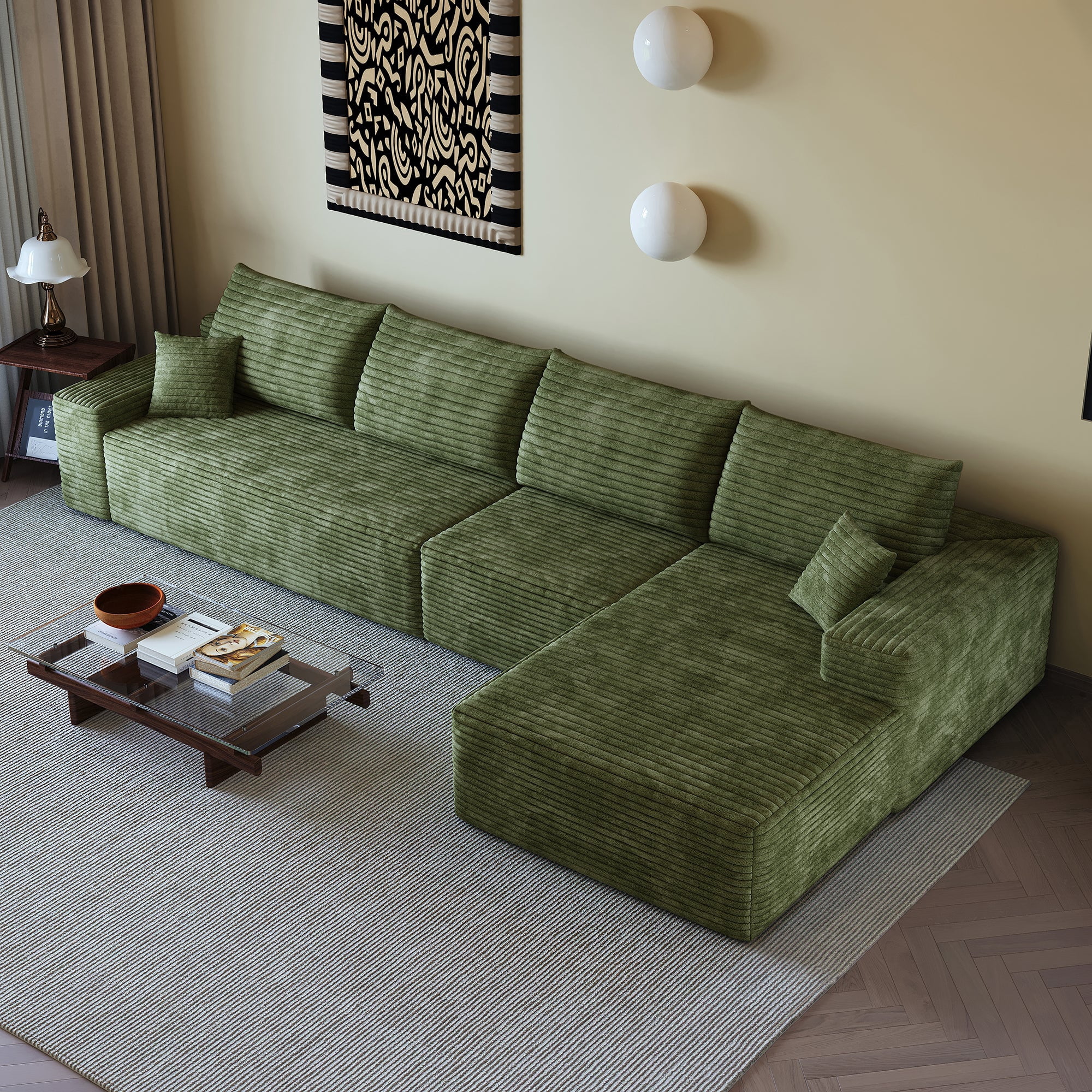 Sailvan 135" Cloud Sectional Couch, Cloudy Sofa with L-Shape Chaise, Upholstered Couches for Living Room & Bedroom, No Assembly Required, Plush Corduroy Fabric, Green