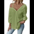 thumbnail image 3 of Blusa Asimétrica con Hombros Descubiertos y Larga Abotonada para Mujer, Color Amarillo y Verde, Talla XL, 3 of 6
