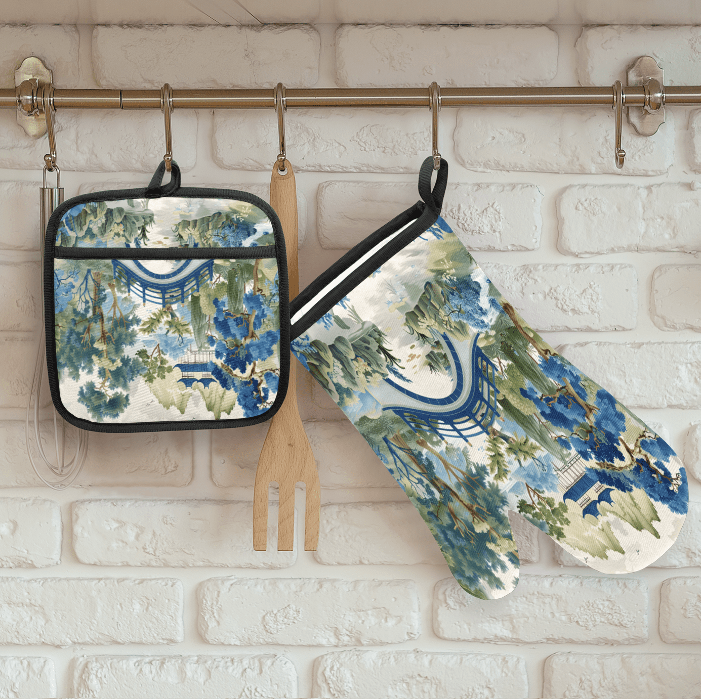 CURLYOOT Japanese Style Asian Blue Green Oven Mitts and Pot Holders Sets of 2, Non-Slip Washable Hot Pads and Oven Gloves for Kitchen Cooking Baking